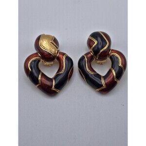 RARE Vintage Ciner Heart-Shaped Door Knocker Earrings – Red & Black Enamel